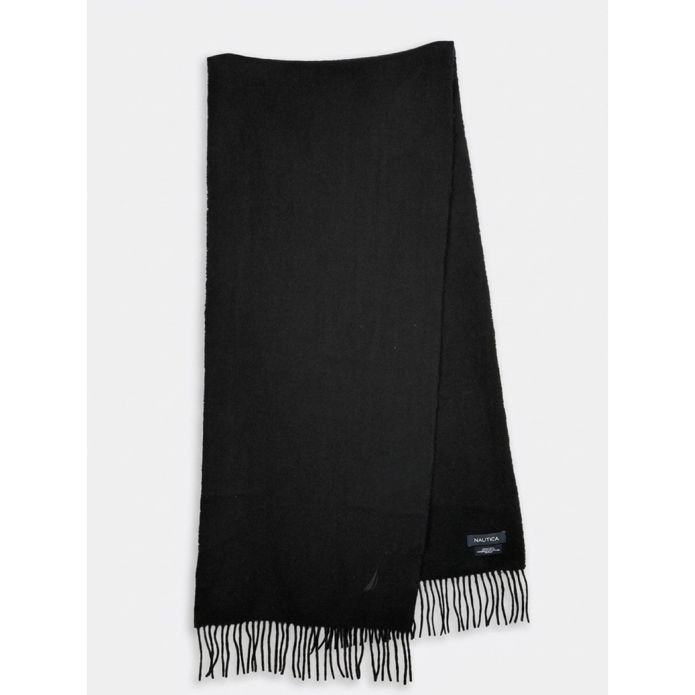 Nautica 100% Lambswool Scarf Black Fringe Embroidered Logo Preppy Capsule